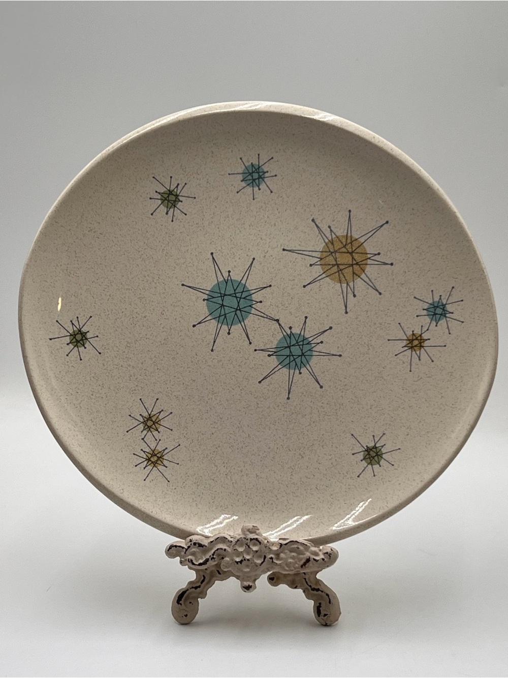 Franciscan Retro Atomic Starburst Ceramic Dinner Plate in Teal, Gold, and Olive
